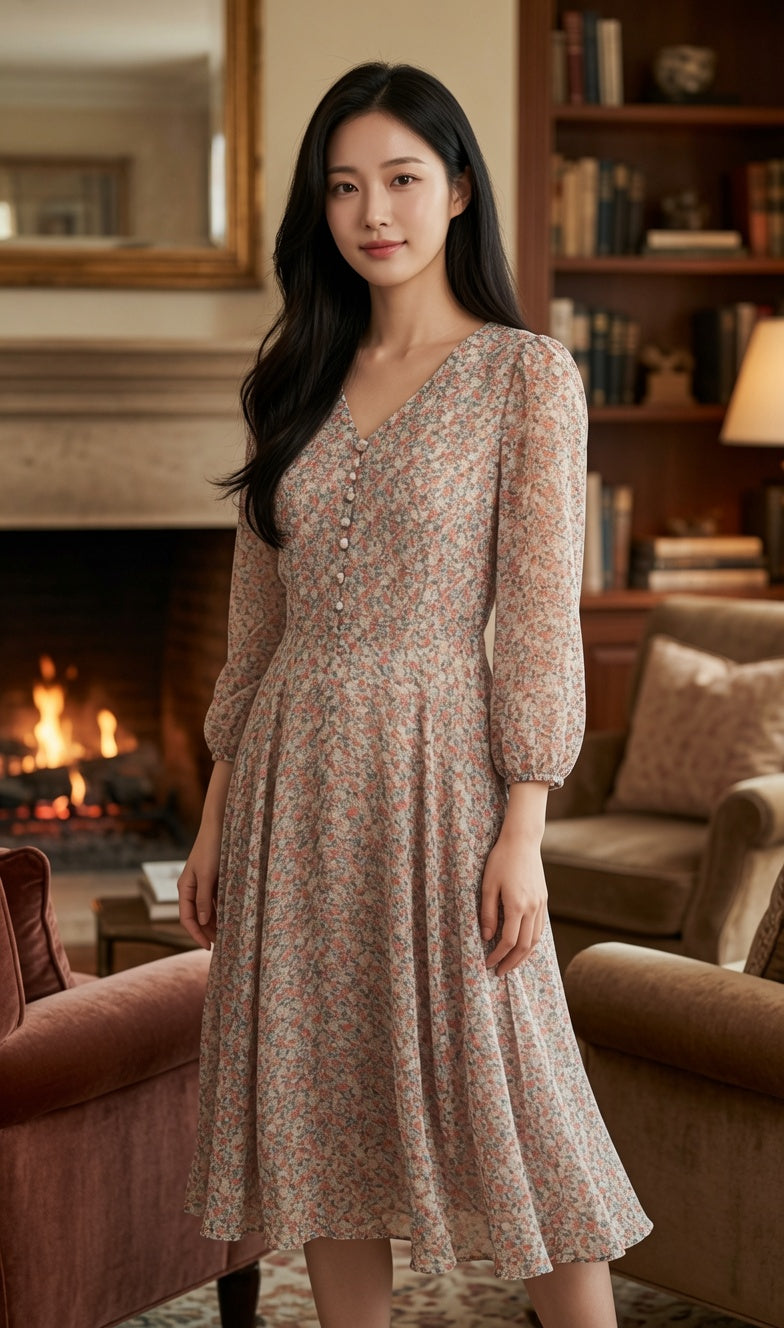 Circle Ditsy Floral Button-Front Midi Dress