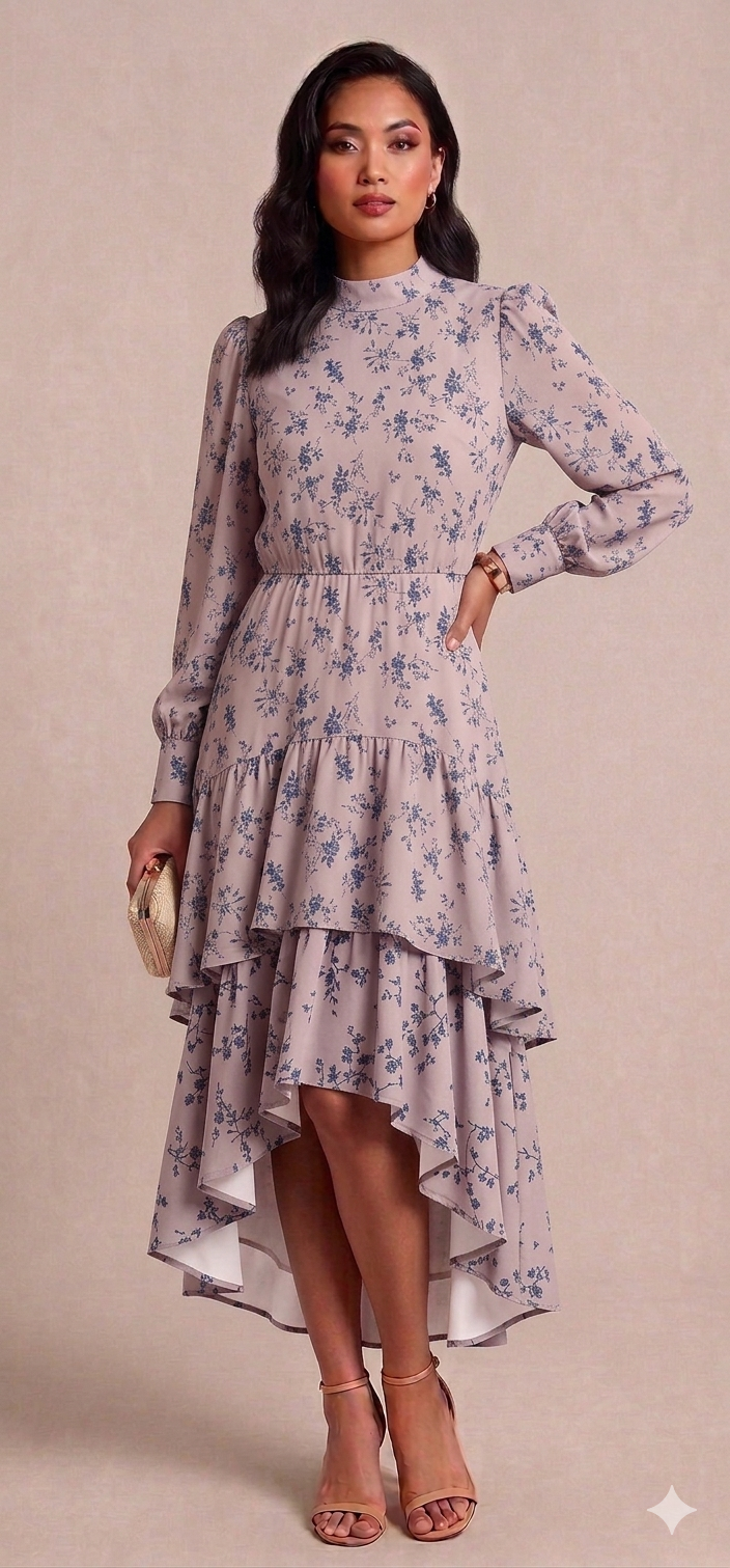 Blush Pink and Blue Floral Asymmetrical Tiered Dress