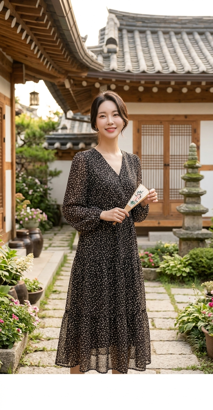 Black Label Long-Sleeve Ditsy Floral V-Neck Midi Dress