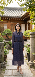 Long-Sleeve Tie-Neck Geometric Print Midi Dress