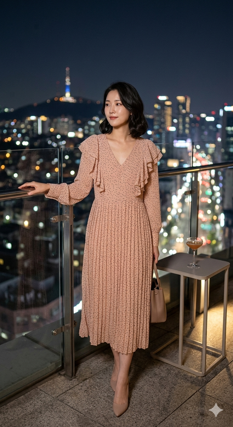 Blush Pink Speckled Ruffle-Trim Pleated Midi Dress