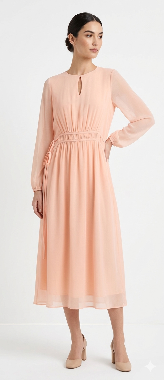 Peach Chiffon Smocked-Waist Midi Dress