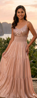 Blush Pink Sequin Bodice Tiered Maxi Dress