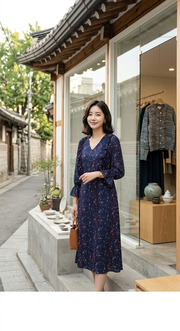 Ruffle-Trim Floral Print Midi Dress with Three-Quarter Sleeves