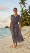 Navy Smocked-Waist Floral Flutter-Sleeve Midi Dress