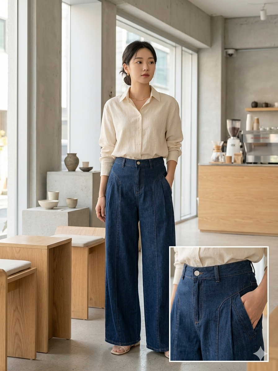 Dark Indigo Curved-Seam Wide-Leg Jeans