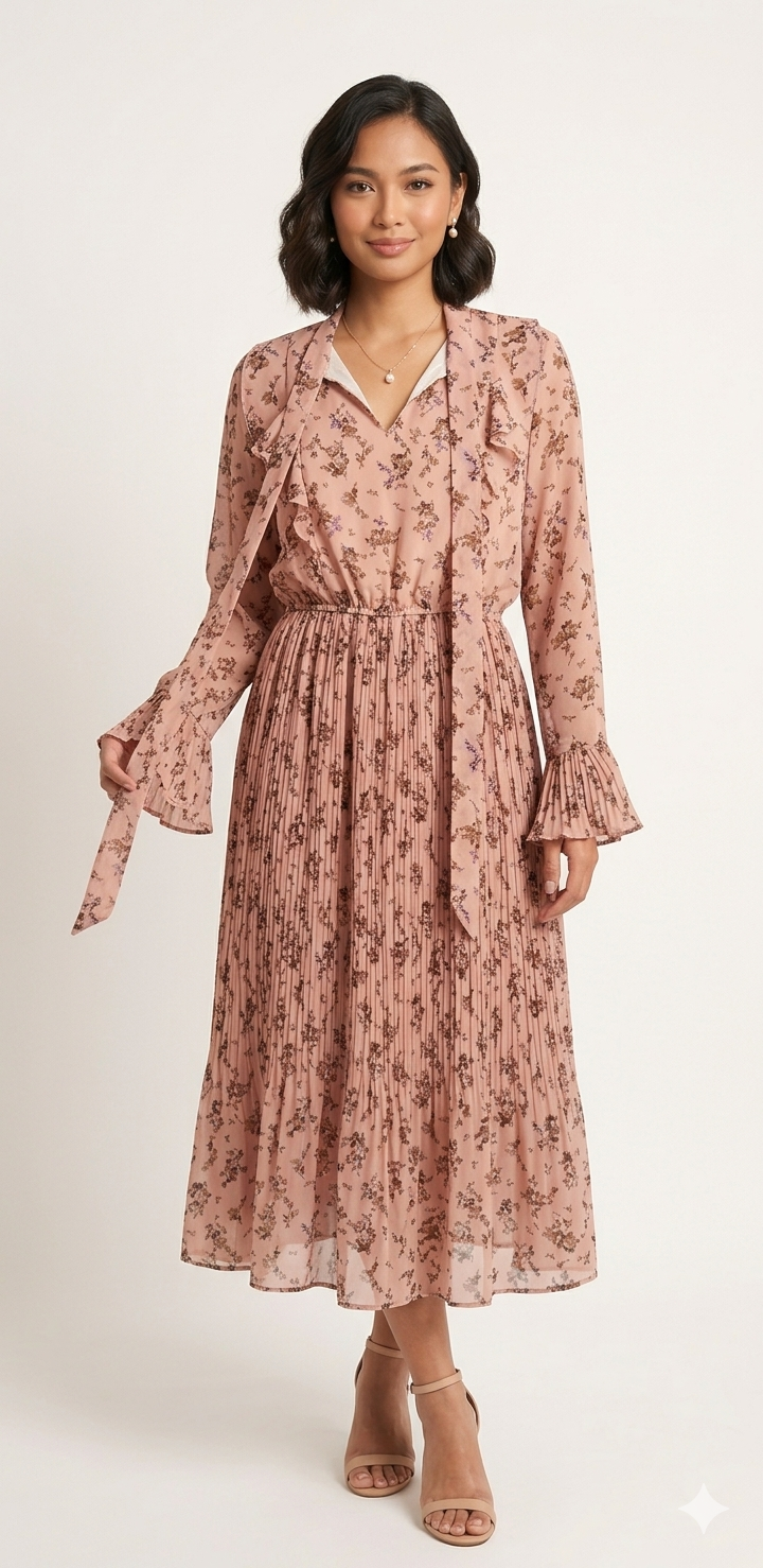Dusty Pink Pleated Floral Midi Dress