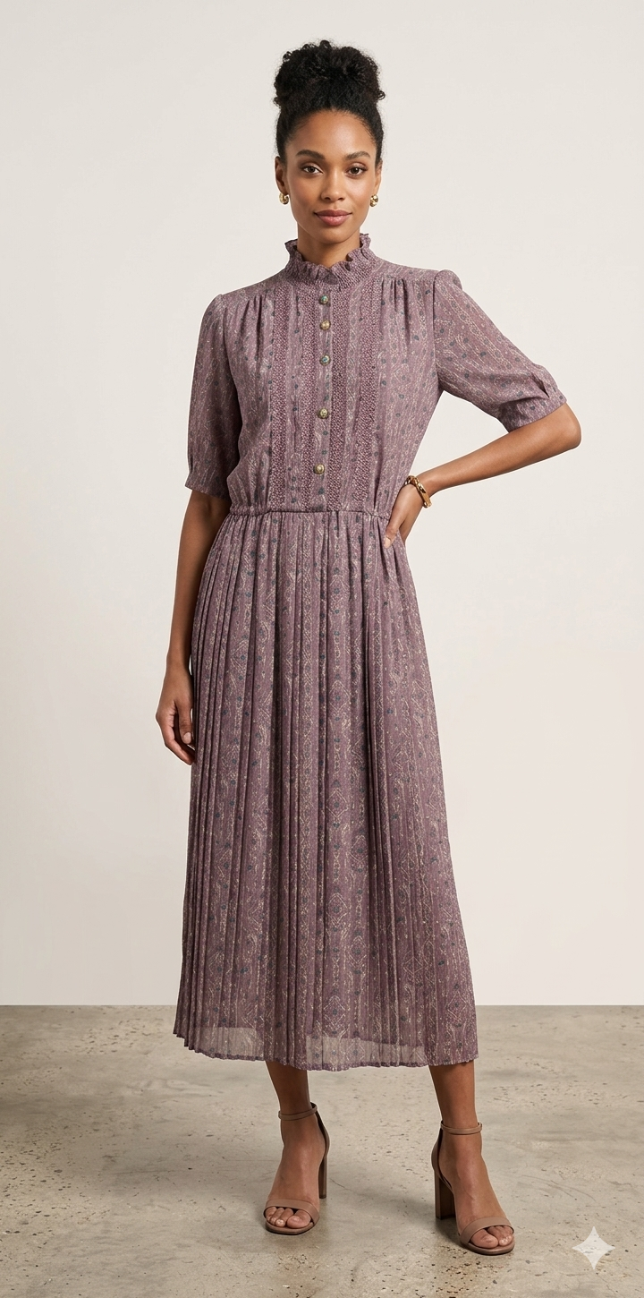 Mauve Geometric Paisley Pleated Midi Dress