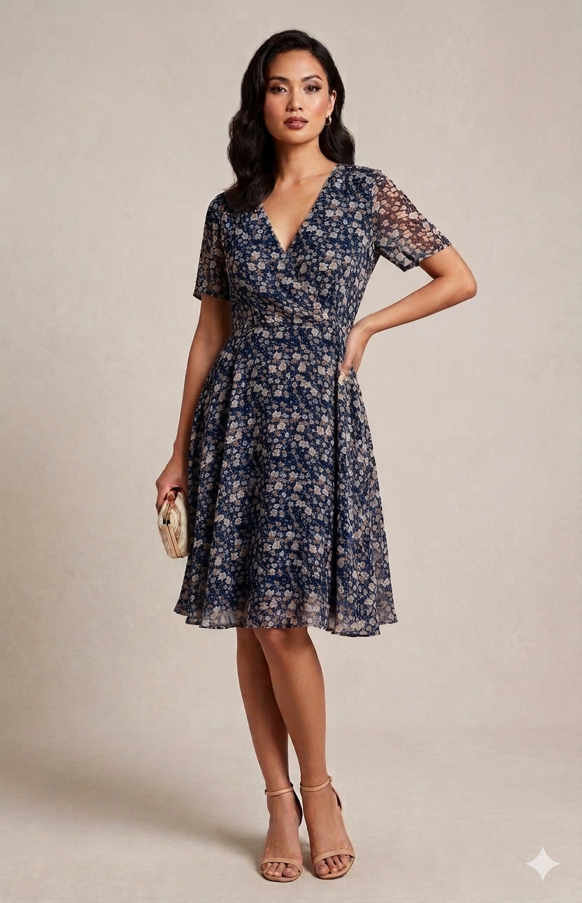 Teal Ditsy Floral Faux-Wrap Mini Dress