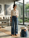Distressed Wide-Leg Denim Pants with Panel Detailing