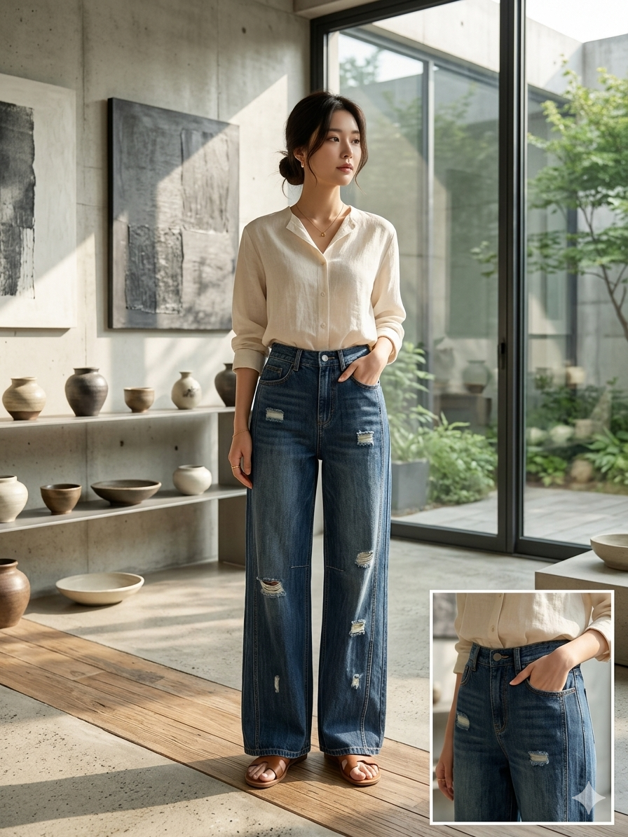 Distressed Wide-Leg Denim Pants with Panel Detailing