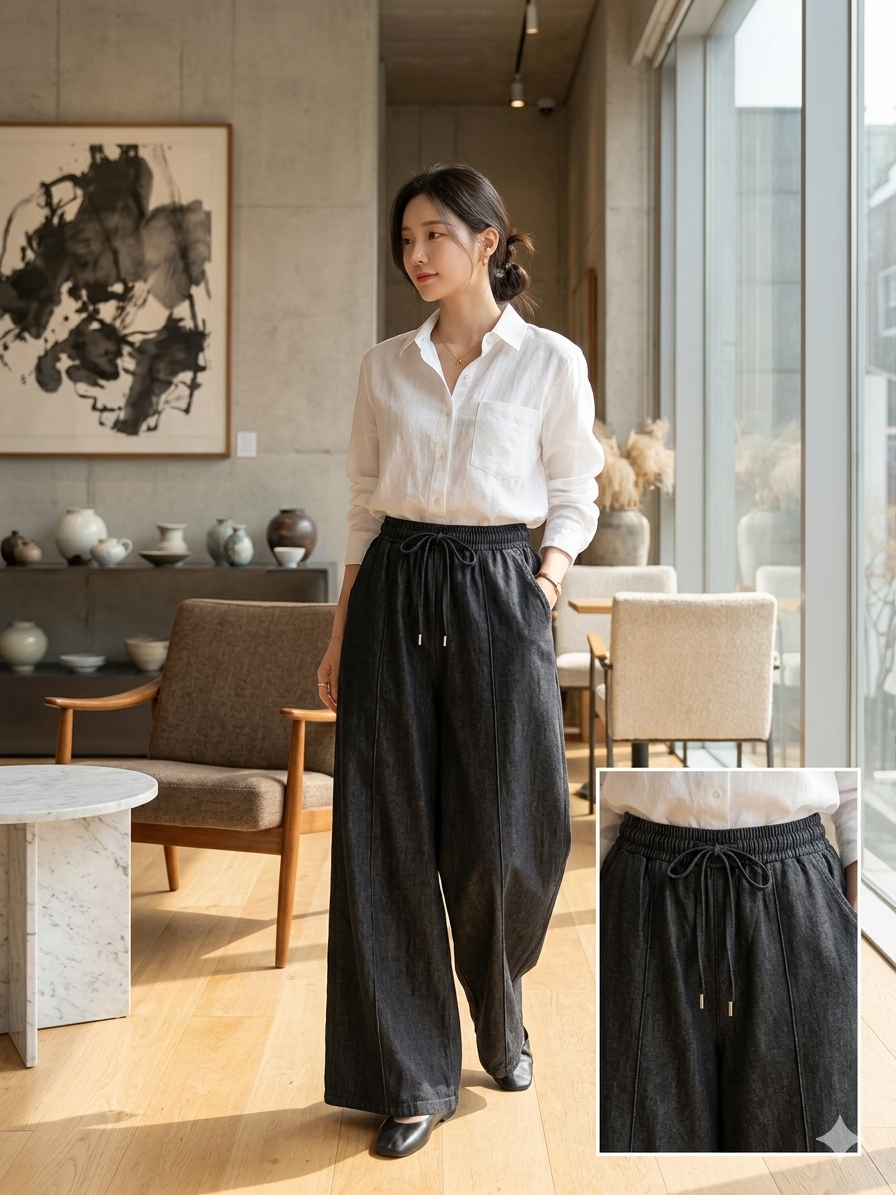 Washed Black Wide-Leg Drawstring Pants