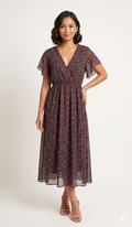 Plum Ditsy Floral V-Neck Flutter-Sleeve Midi Dress