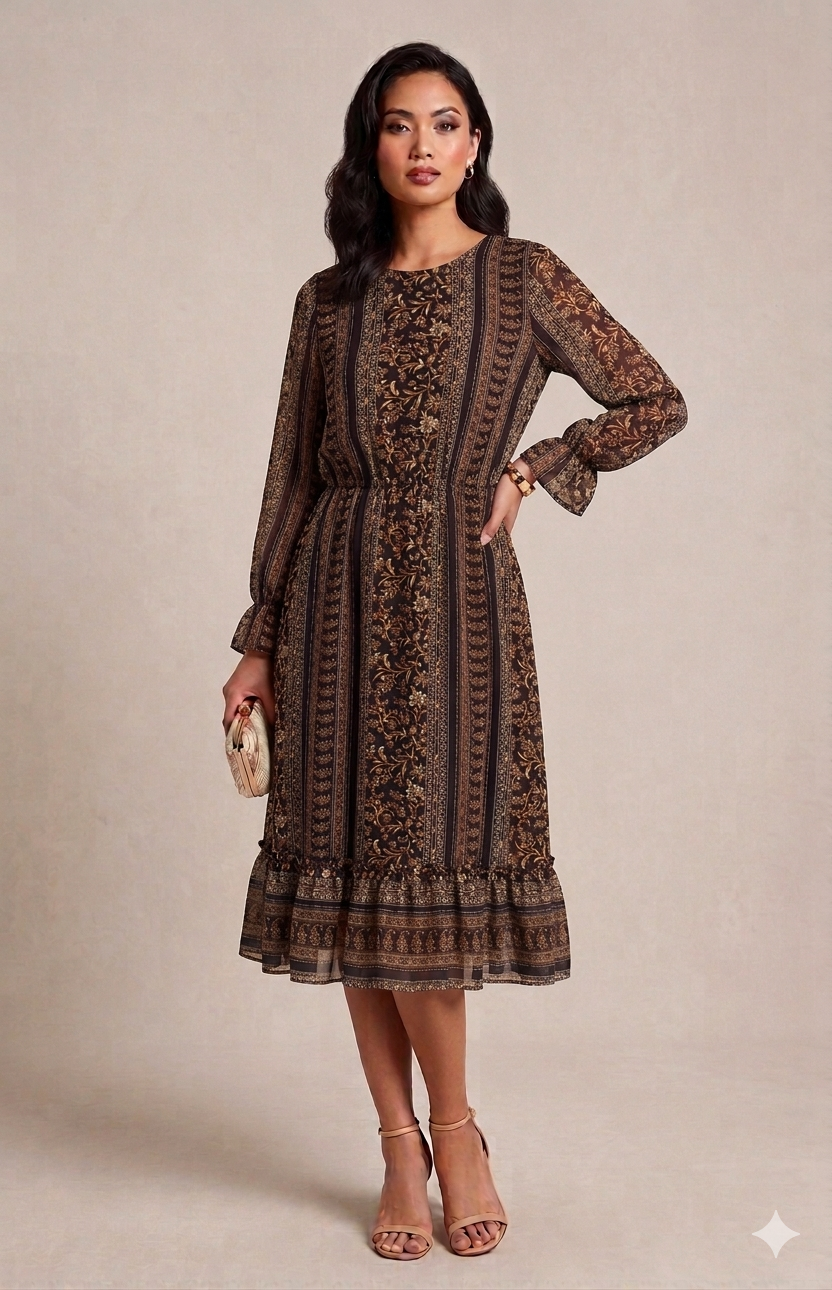 Border Print Bohemian Midi Dress