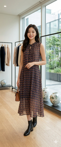 Sleeveless Mock-Neck Leaf Pattern Sheer Midi Dress