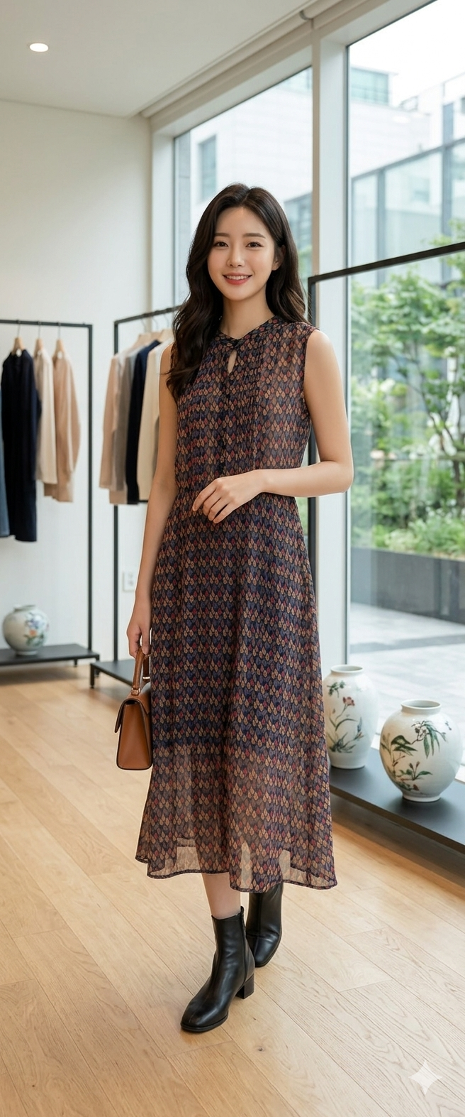 Sleeveless Mock-Neck Leaf Pattern Sheer Midi Dress