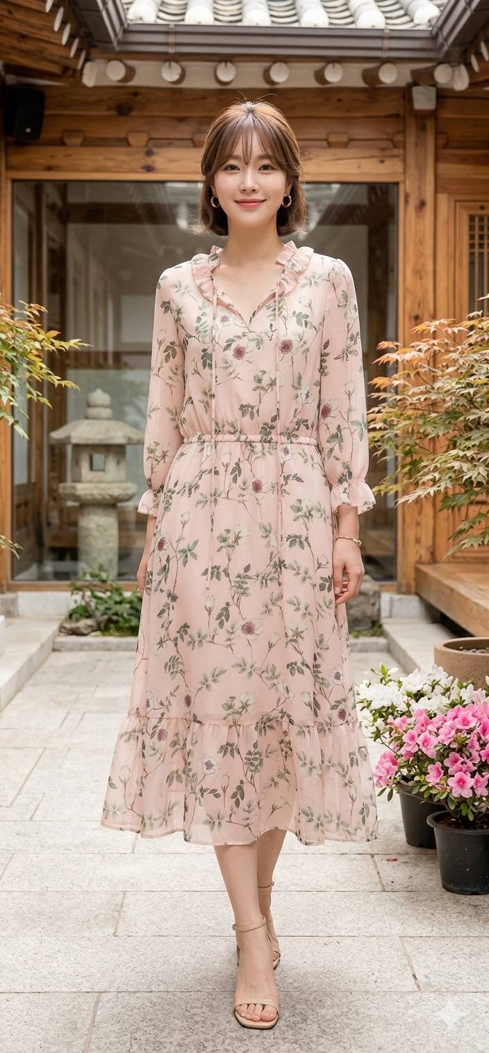 Ruffle V-Neck Botanical Floral Print Midi Dress