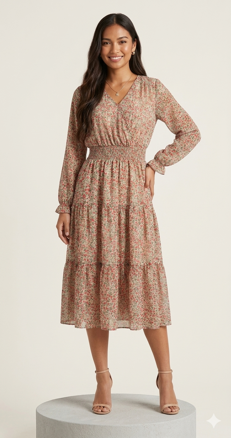 Cream Ditsy Floral Smocked-Waist Midi Dress