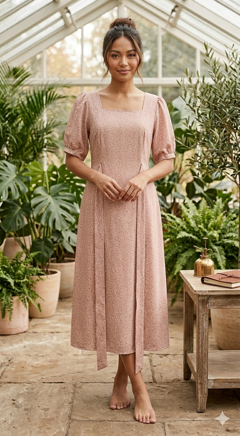 Yaoju Blush Pink Vine Print Square-Neck Dress
