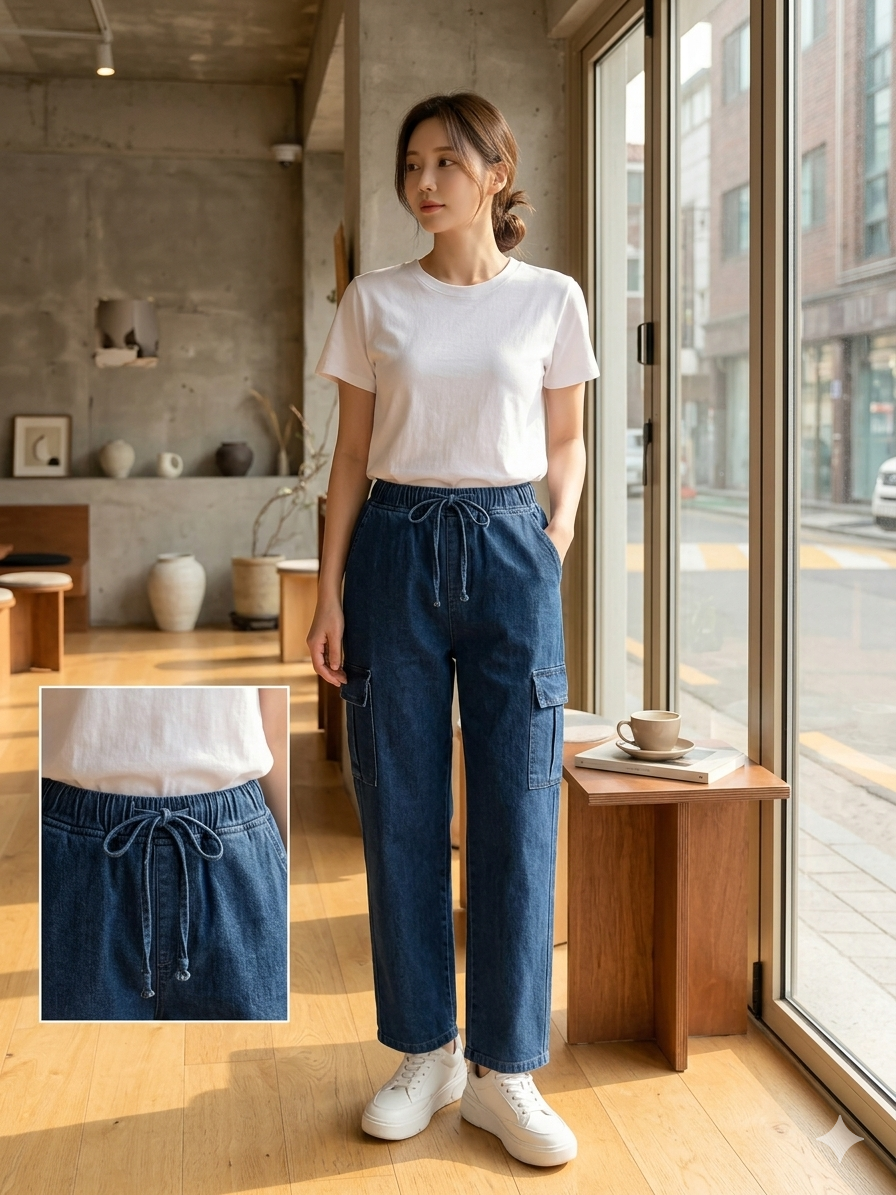 Dark Wash Denim Drawstring Cargo Pants