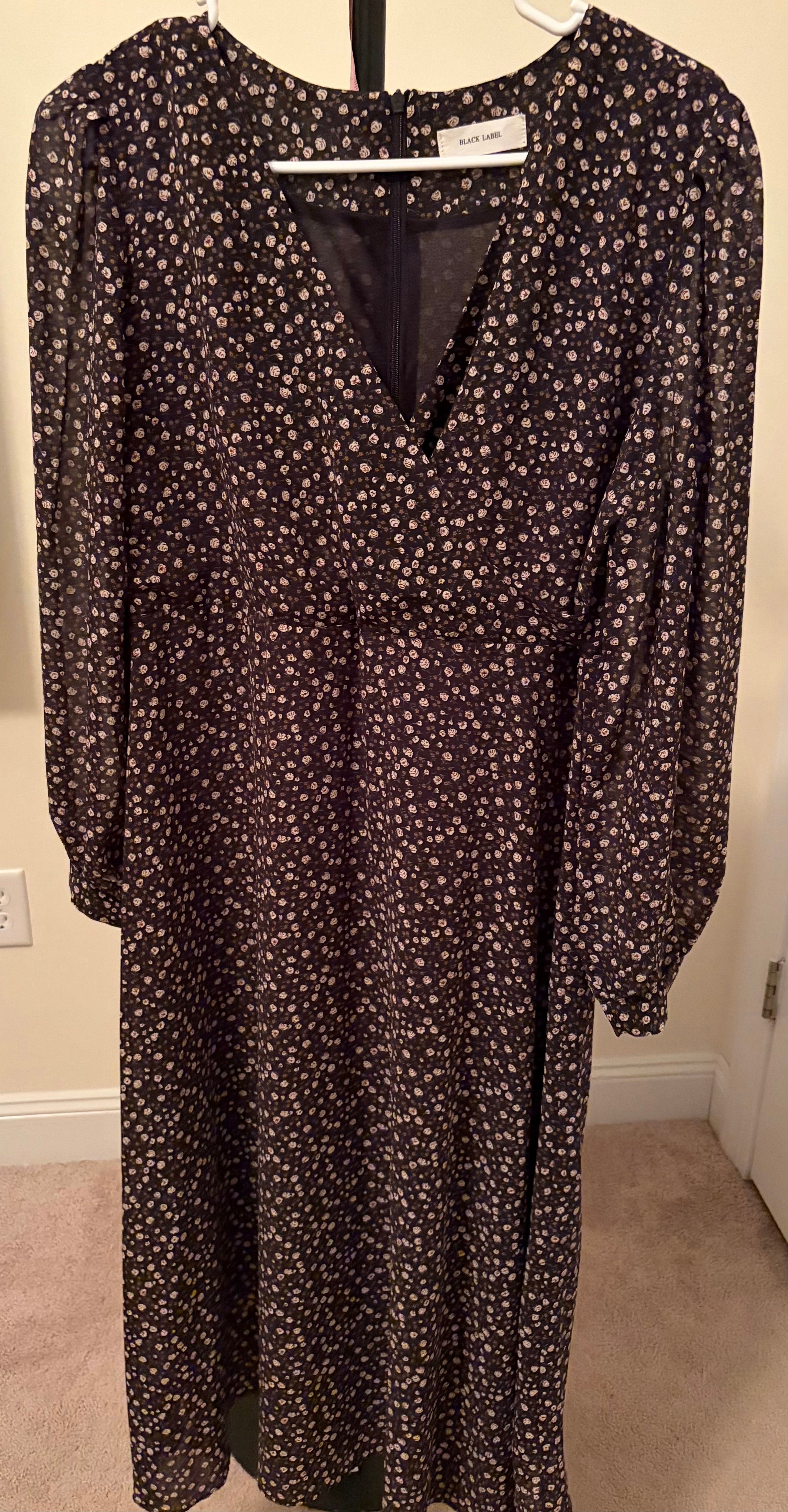 Black Label Long-Sleeve Ditsy Floral V-Neck Midi Dress