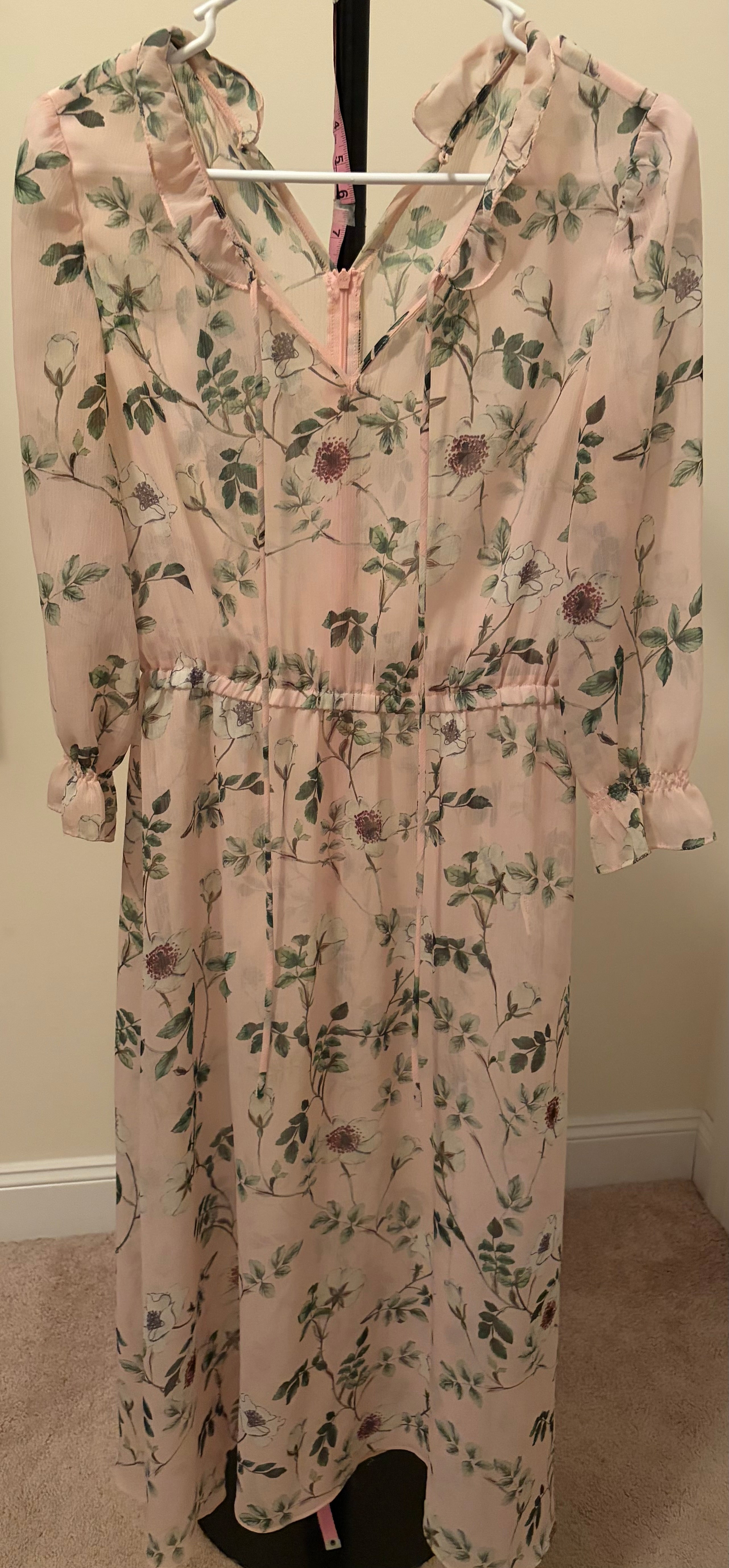 Ruffle V-Neck Botanical Floral Print Midi Dress