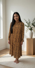 Mustard Yellow Pleated Botanical Shift Dress