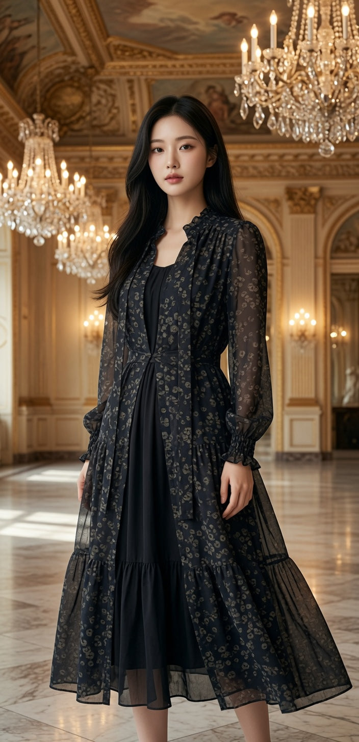 Black and Olive Floral Tiered Shift Dress