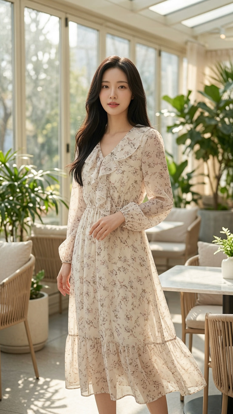 Cream Floral Ruffle V-Neck Midi Dress